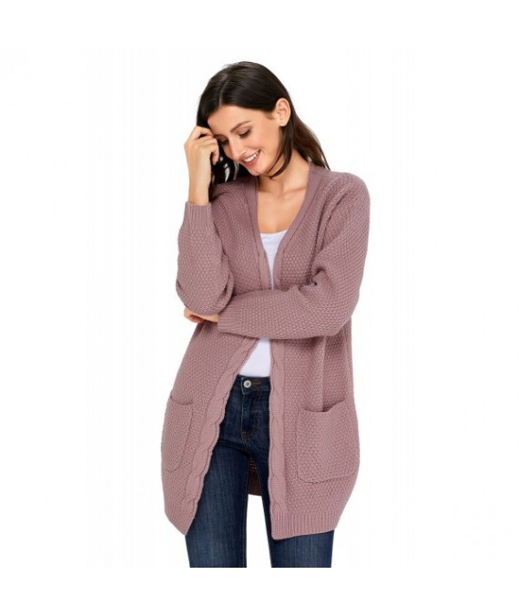 Pink Long Open Front Pocket Cardigan