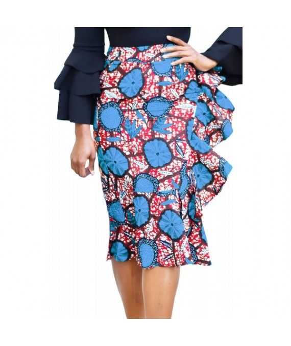 Blue Red African Print Ruffle Trim Bodycon Skirt