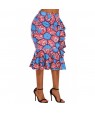 Blue Red African Print Ruffle Trim Bodycon Skirt