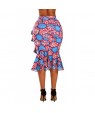 Blue Red African Print Ruffle Trim Bodycon Skirt