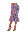 Blue Red African Print Ruffle Trim Bodycon Skirt