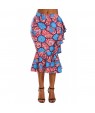 Blue Red African Print Ruffle Trim Bodycon Skirt