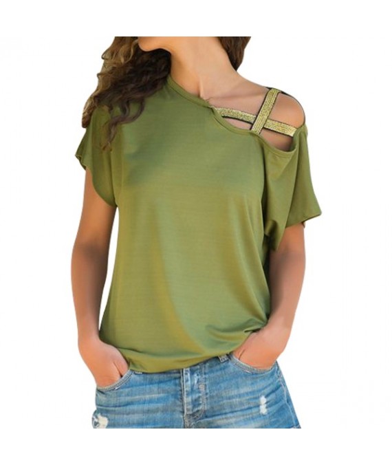 Glittery Cross Shoulder Detail Army Green Short Sleeve Tee