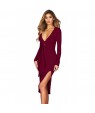 Burgundy Faux Wrap V Neck Long Sleeve Midi Dress