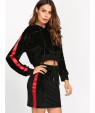 Striped Raglan Crop Velvet Hoodie &amp;amp; Skirt Set