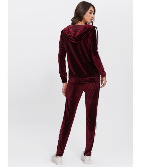 Contrast Stripe Side Velvet Hoodie And Pants