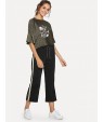 Letter Print Ruffle Top &amp;amp; Stripe Contrast Pants