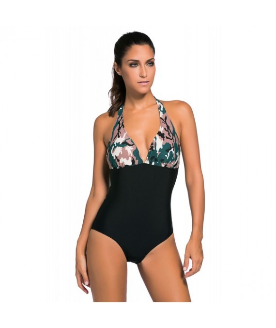 Dark Camouflage Print Black Body One-piece Swimwear