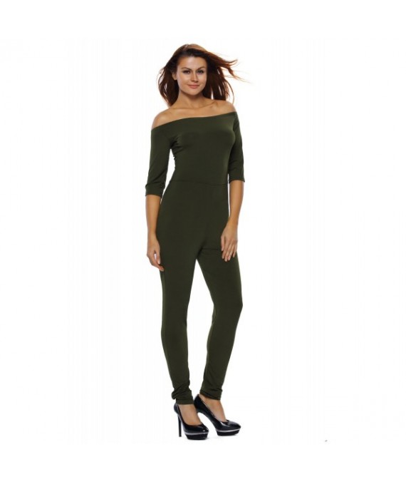 Olive Green Bardot Neckline Fashion Jumpsuit