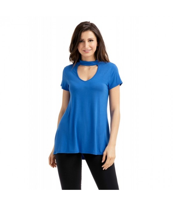 Blue Mock Neck Cut out Short Sleeve Top