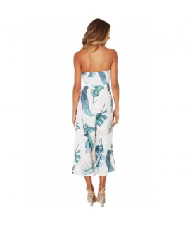 White Leaf Print Strapless Capris Jumpsuit