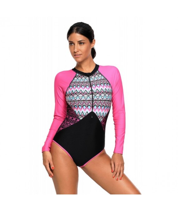 Aztec Print Rosy Rashguard Long Sleeve One Piece Swimsuit