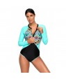 Aztec Print Blue Rashguard Long Sleeve One Piece Swimsuit