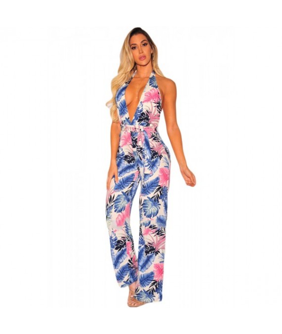 Blue Palm Print Halter Belted Jumpsuit