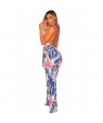 Blue Palm Print Halter Belted Jumpsuit