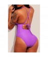 Purple Plunge V Neck Ruffled Detail Maillot Swimwear