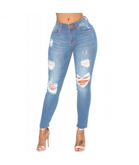 Faded Denim Wash Distressed Light Blue Jeans