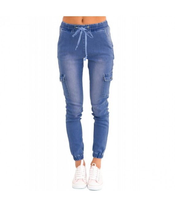 Light Blue Drawstring Ankle Pocket Denim Jeans