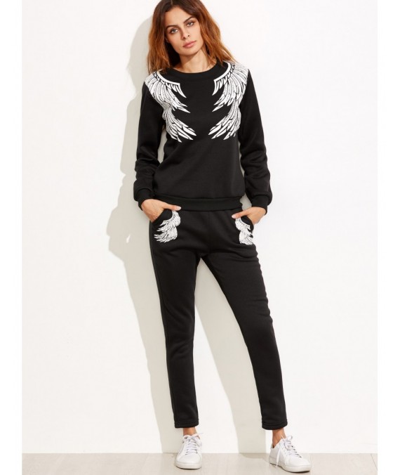 Angel Wings Print Sweatshirt With Pants