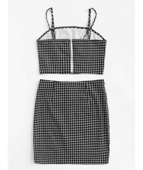 Grid Print Zip Back Cami Top And Skirt Co-Ord