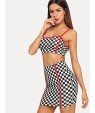 Contrast Binding Gingham Print Cami Top &amp;amp; Skirt Set