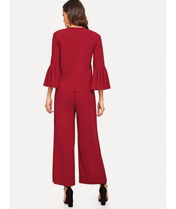 Mock-Neck Flounce Sleeve Top and Palazzo Pants Set