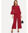 Mock-Neck Flounce Sleeve Top and Palazzo Pants Set